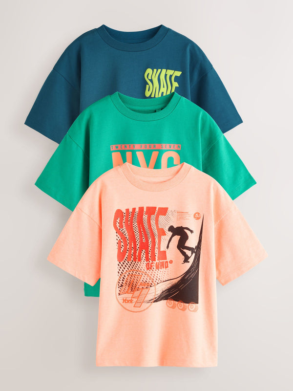 Fluro Coral/ Blue/ Green Skate Relaxed Fit Graphic Print Short Sleeve T-Shirts 3 Pack (3-16yrs)