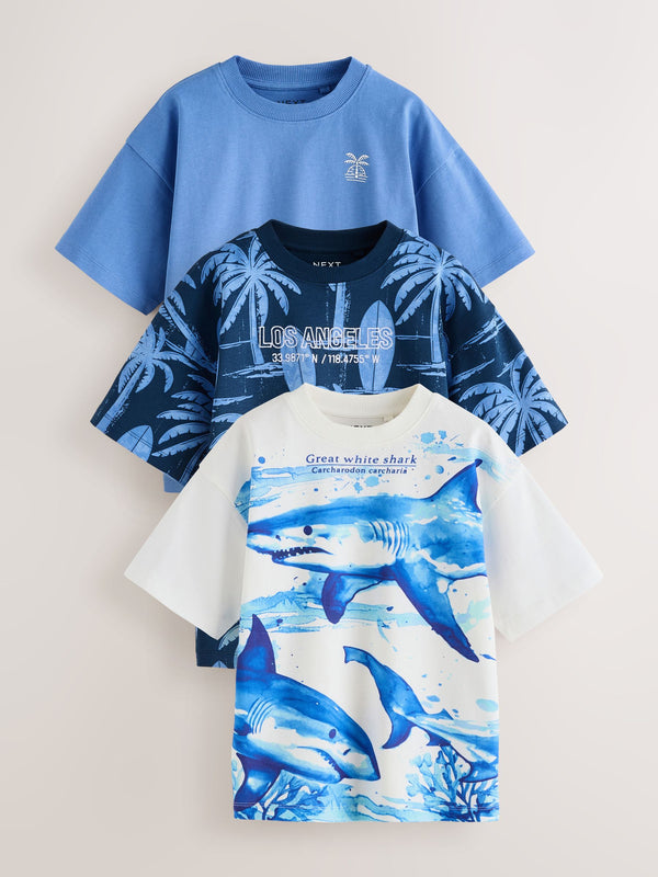 Blue/ White Shark Relaxed Fit Graphic Print Short Sleeve T-Shirts 3 Pack (3-16yrs)