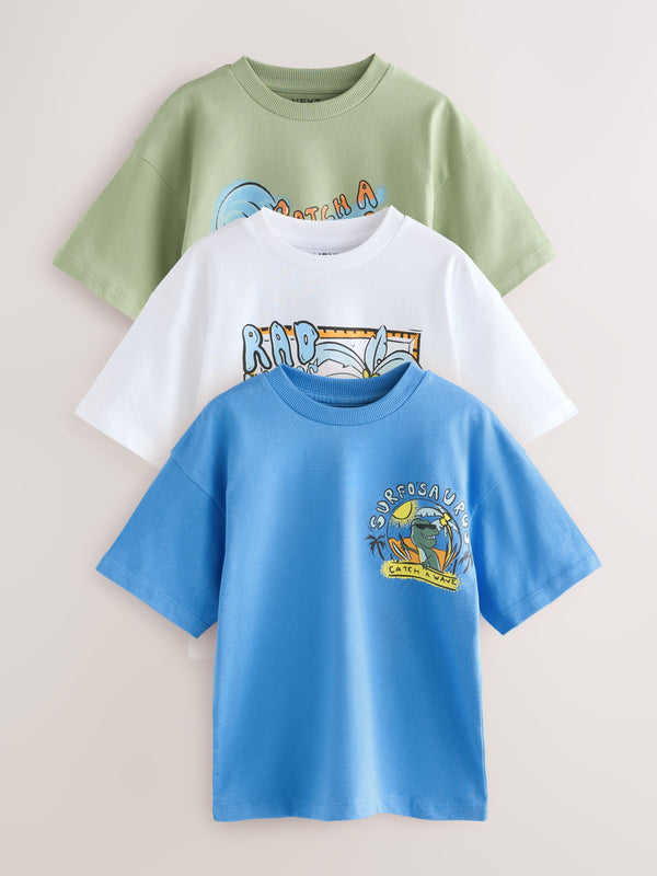 Blue/White/Green Dino Relaxed Fit Graphic Print Short Sleeve T-Shirts 3 Pack (3-16yrs)