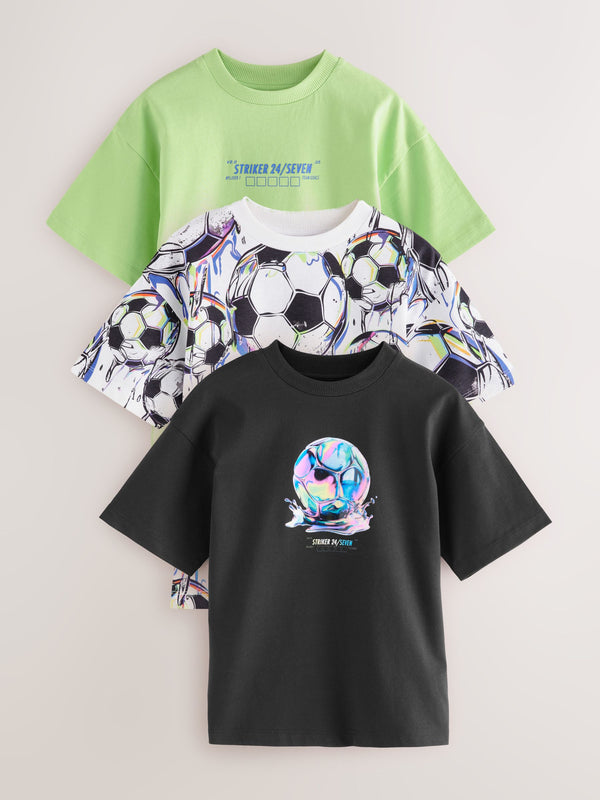 Black/White/Green Football Relaxed Fit Graphic Print Short Sleeve T-Shirts 3 Pack (3-16yrs)