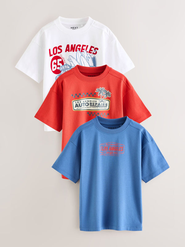Red/Blue/White Truck Relaxed Fit Graphic Print Short Sleeve T-Shirts 3 Pack (3-16yrs)