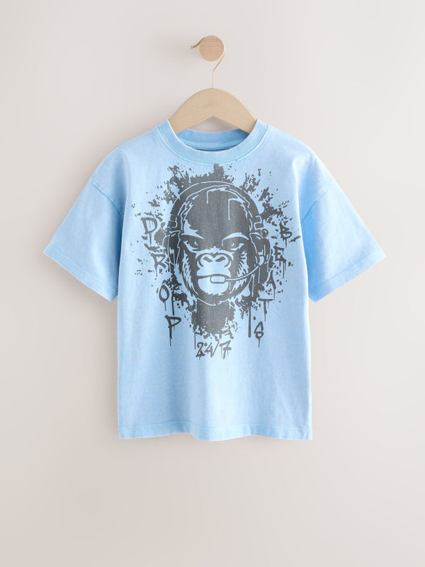 Blue Relaxed Fit Washed Short Sleeve Graphic Print 100% Cotton T-Shirt (3-16yrs)
