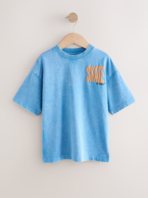 Blue Back Print Relaxed Fit Washed Short Sleeve Graphic Print 100% Cotton T-Shirt (3-16yrs)