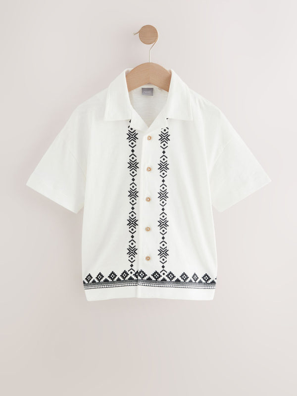 Ecru White 100% Cotton Embroidery Border Jersey Shirt (3-16yrs)