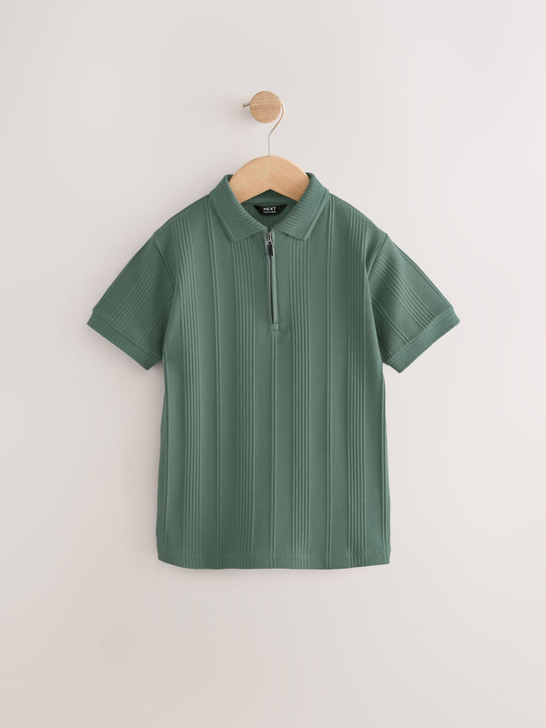 Green Textured Short Sleeve Quarter Zip Polo Shirt (3-16yrs)