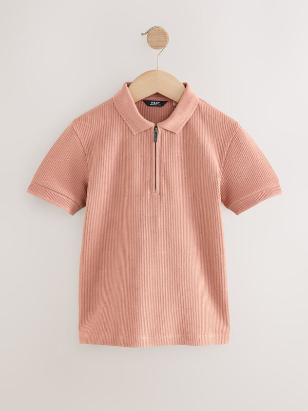Rust Brown Textured Short Sleeve Quarter Zip Polo Shirt (3-16yrs)