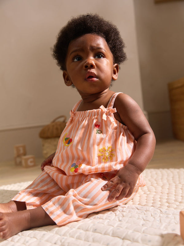 Orange/ White Stripe Baby 100% Cotton Woven Dungarees (0mths-3yrs)