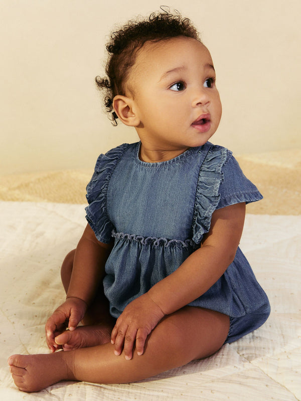 Blue Denim Frill Shoulder Baby Romper (0mths-2yrs)