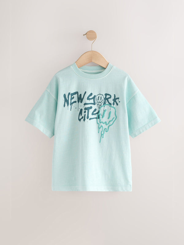 Light Blue Relaxed Fit Washed Short Sleeve Graphic Print 100% Cotton T-Shirt (3-16yrs)