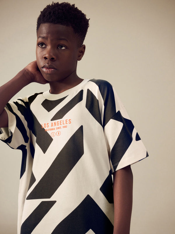 Ecru/Charcoal Relaxed Fit Short Sleeve All-Over Print 100% Cotton T-Shirt (3-16yrs)