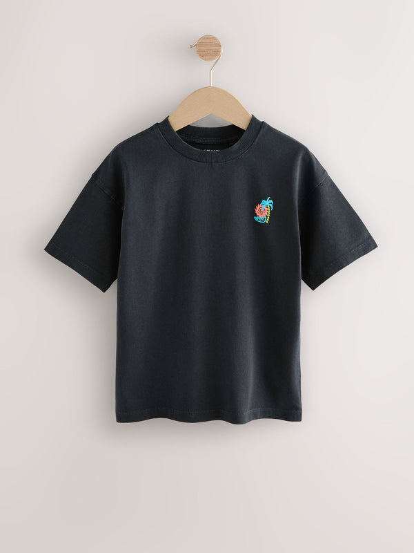 Charcoal Grey Back Print Relaxed Fit Washed Short Sleeve Graphic Print 100% Cotton T-Shirt (3-16yrs)