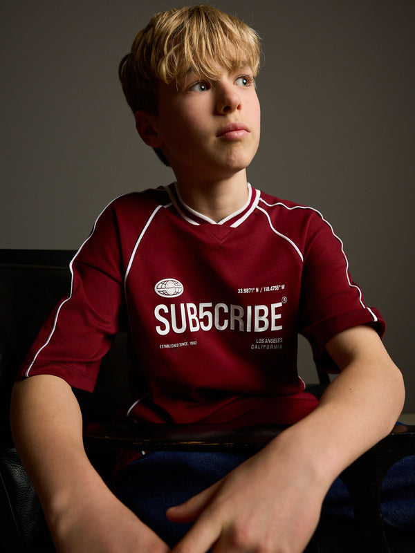 Burgundy Red 100% Cotton Sub5cribe Short Sleeve Sports T-Shirt (3-16yrs)