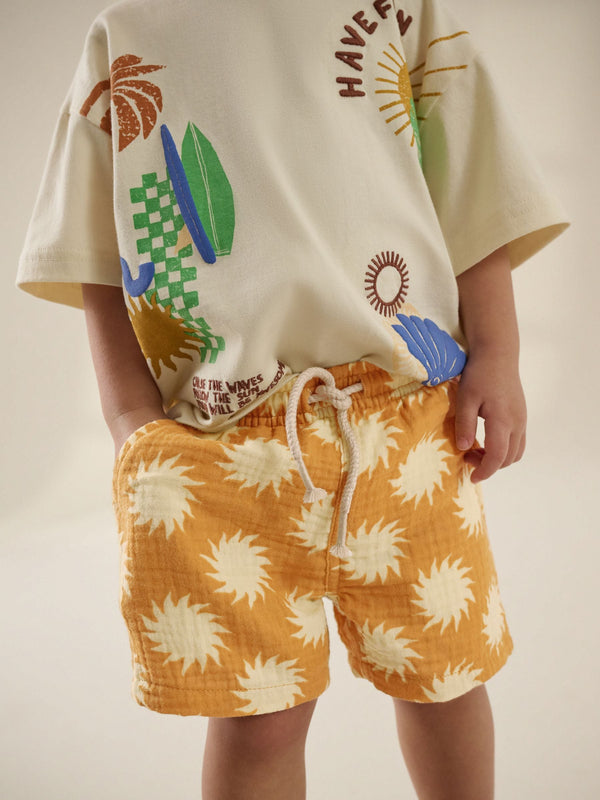 Ochre Yellow Printed Soft Textured Pull On Shorts (3mths-7yrs)