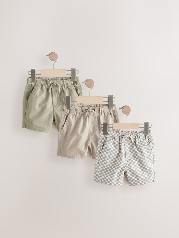 Sage/Stone/Neutral Check Pull On 100% Cotton Shorts 3 Pack (3mths-7yrs)