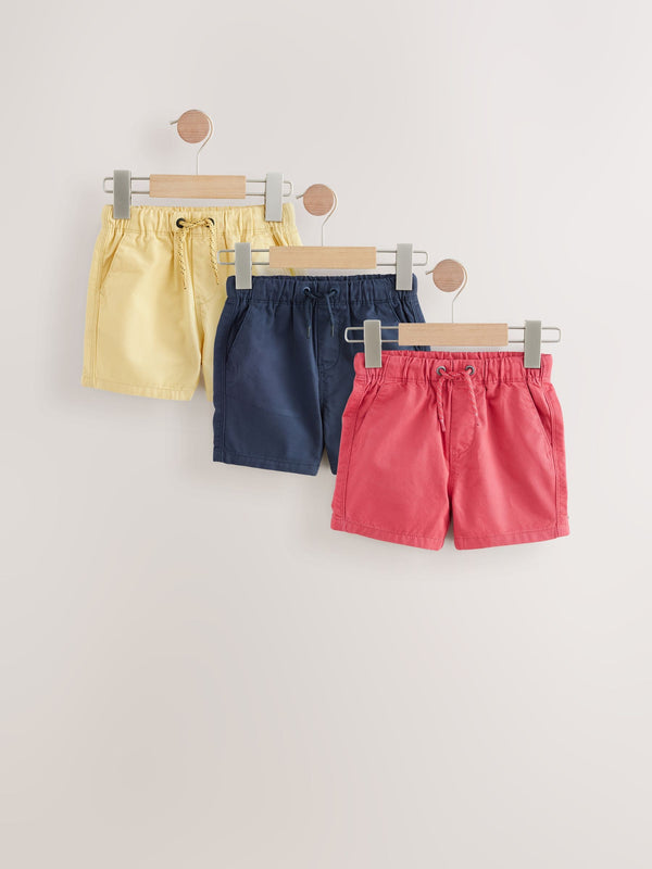 Navy/Red/Yellow Pull On 100% Cotton Shorts 3 Pack (3mths-7yrs)