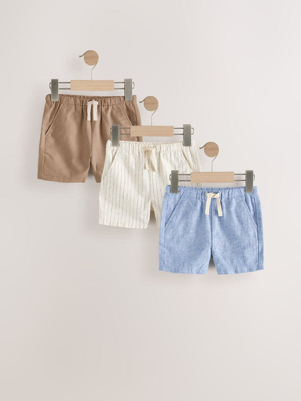 Chambray/Tan/Ecru Stripe Linen Blend Shorts 3 Pack (3mths-7yrs)