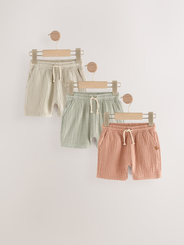 Sage Green/Neutral/Rust Brown Soft Textured Shorts 3 Pack (3mths-7yrs)