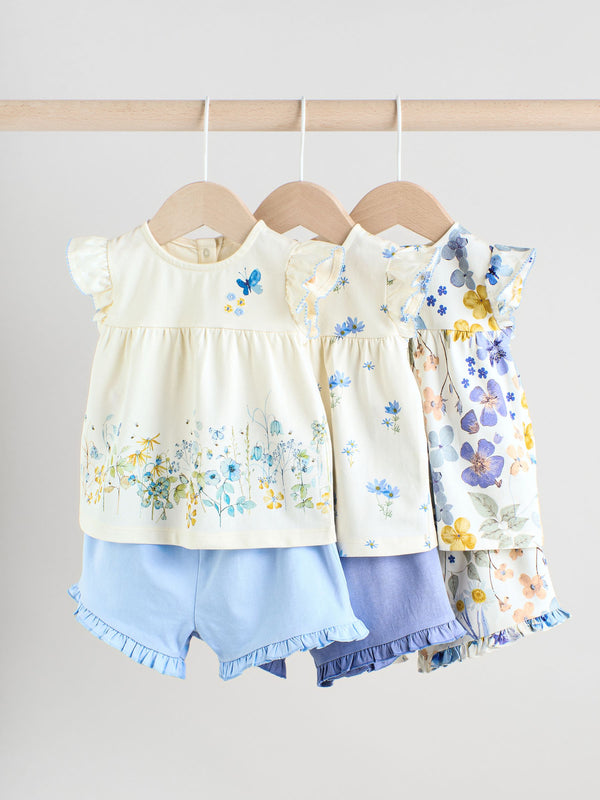 Blue/White Floral Baby Frill T-Shirt and Shorts Set 6 Piece