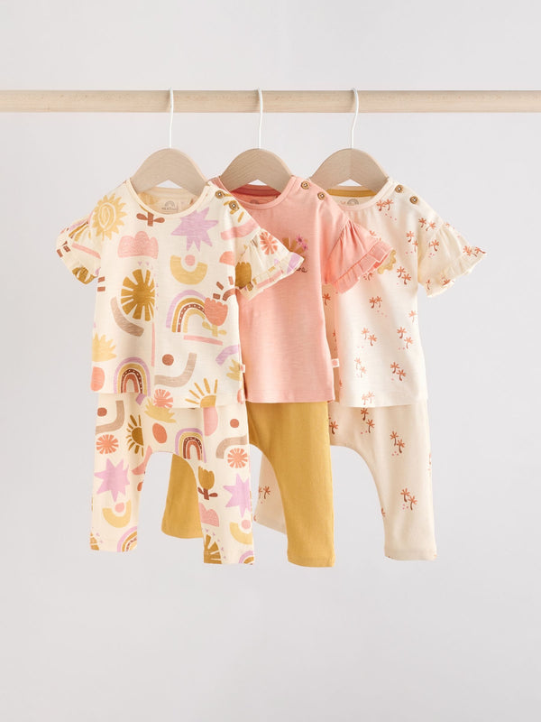 Coral Pink Printed Character Baby Tops and Leggings 6 Pack Set