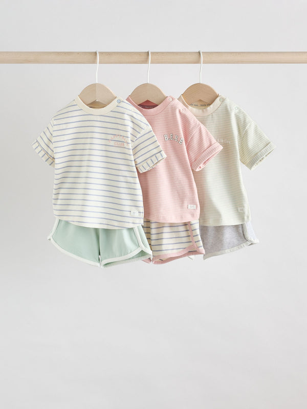 Pink and Grey Stripe Baby Short Sleeve T-Shirt and Shorts Set 6 Piece