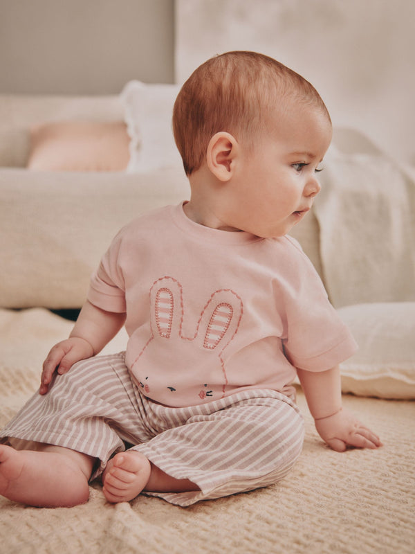 White/ Pink Bunny Stripe Baby 100% Cotton T-Shirt and Wide Leg Trousers Set 2 Piece