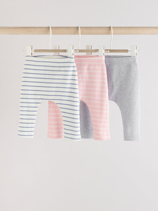 Pink and Grey Stripe 100% Cotton Baby Leggings 3 Pack