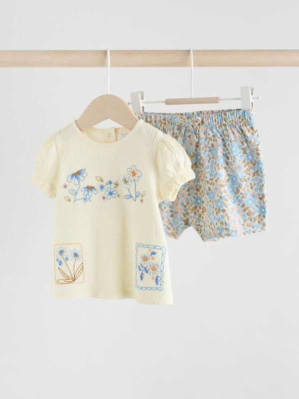 Ecru and Blue Floral Baby Puff Sleeve T-Shirt and Shorts 2 Piece Set