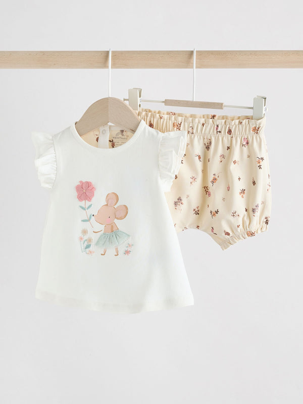 White/Cream Mouse Short Sleeve Baby Top & Shorts Set 2 Piece