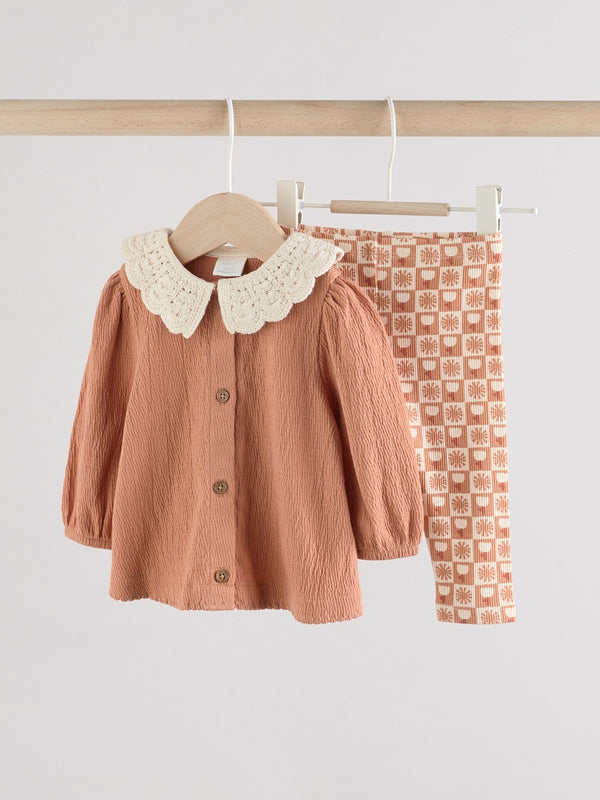 Rust and White Frill Collar Top and Printed Leggings 2 Piece Set (0mths-2yrs)