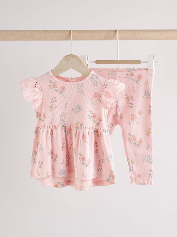 Pink Floral 2 Piece Baby Short Sleeve Frill Top & Leggings Set