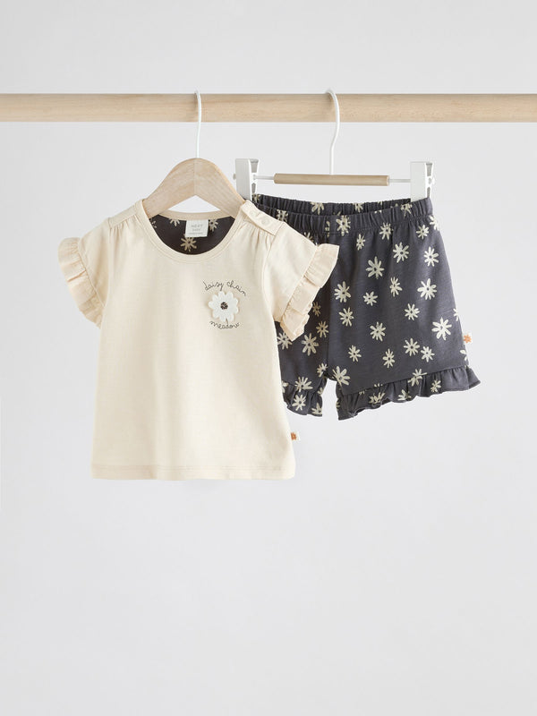 Black/White Flower Short Sleeve Baby Top & Shorts Set 2 Piece