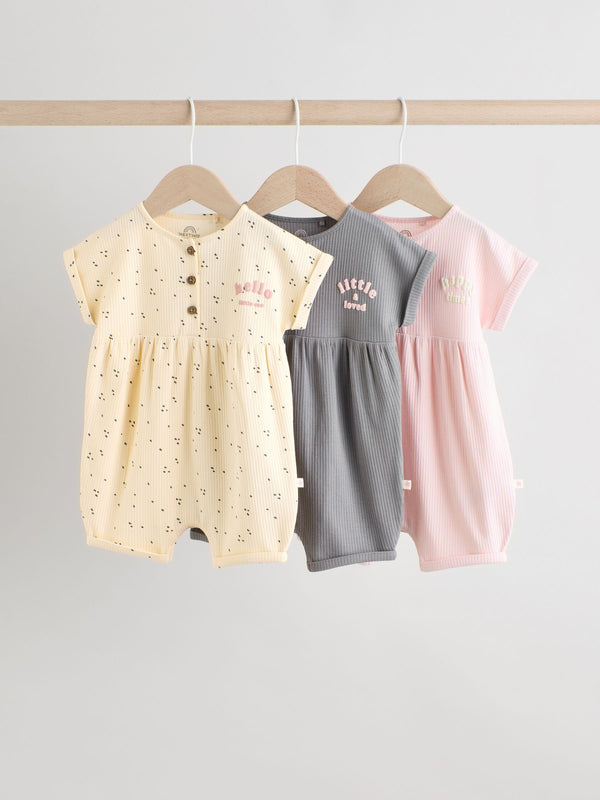 Slogan Mono and Pink Button Through 3 Pack Baby Rompers