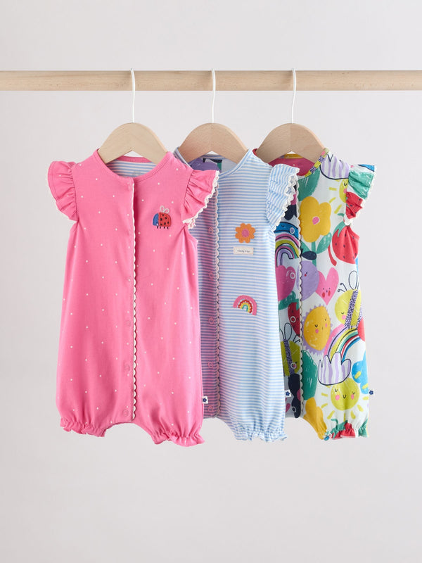 Multi Floral and Stripe Print Baby 100% Cotton Rompers 3 Pack