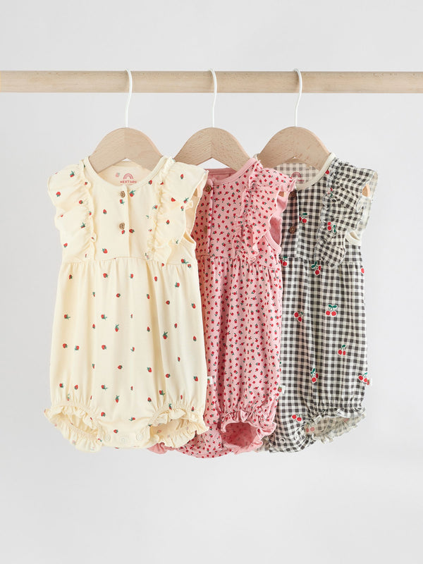 Monochrome Printed 3 Pack Frill Sleeve Baby Rompers