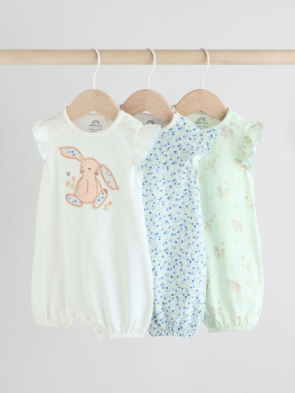 Blue Bunny Embroidered 3 Pack Frill Shoulder Baby Rompers