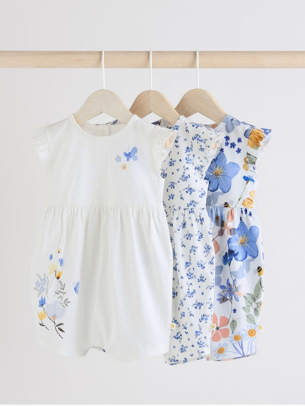 Blue Floral 3 Pack Frill Shoulder Baby Rompers immediate