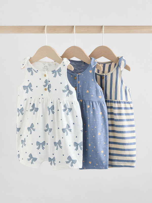 Navy Stripe and Bow Printed 100% Cotton Baby Jersey Rompers 3 Pack