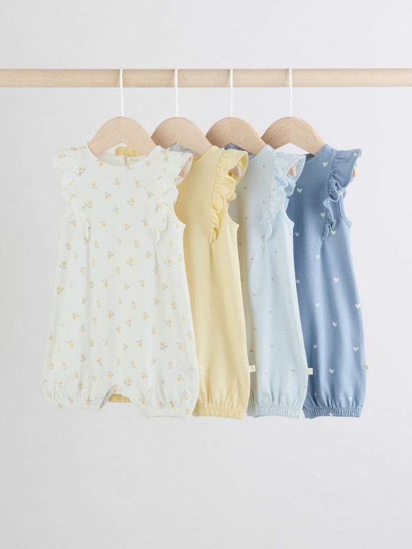 Blue and White Floral Printed Baby Rompers 4 Pack