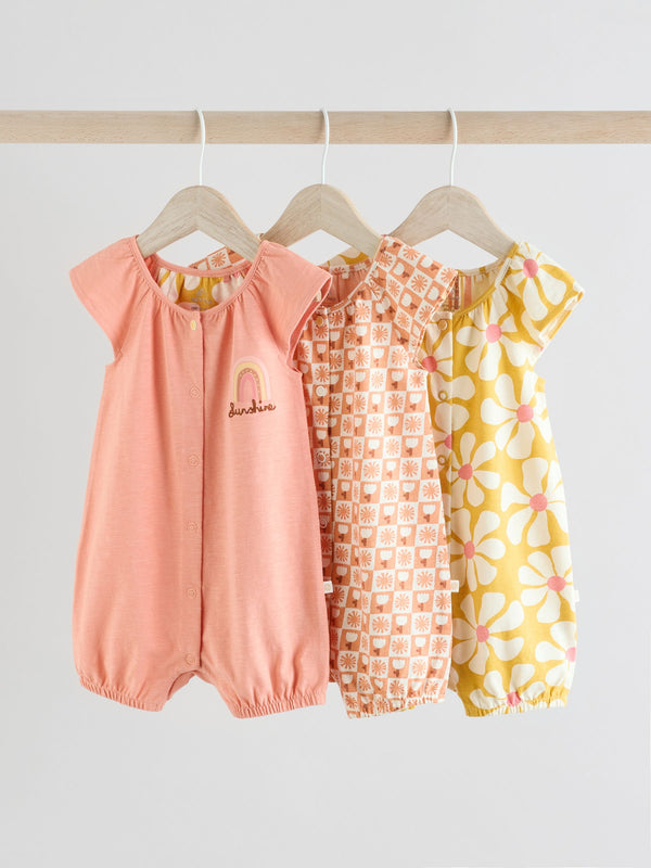 Coral Pink Embroidered Baby 3 Pack Rompers