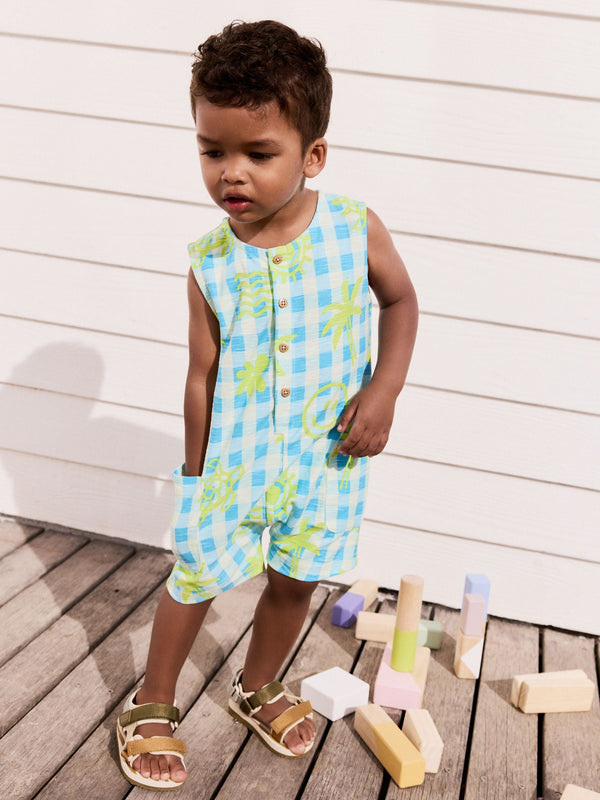 Blue/White Gingham 100% Cotton Romper (3mths-7yrs)