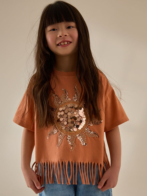 Orange Sequin Sun Fringe 100% Cotton T-Shirt (3-16yrs)