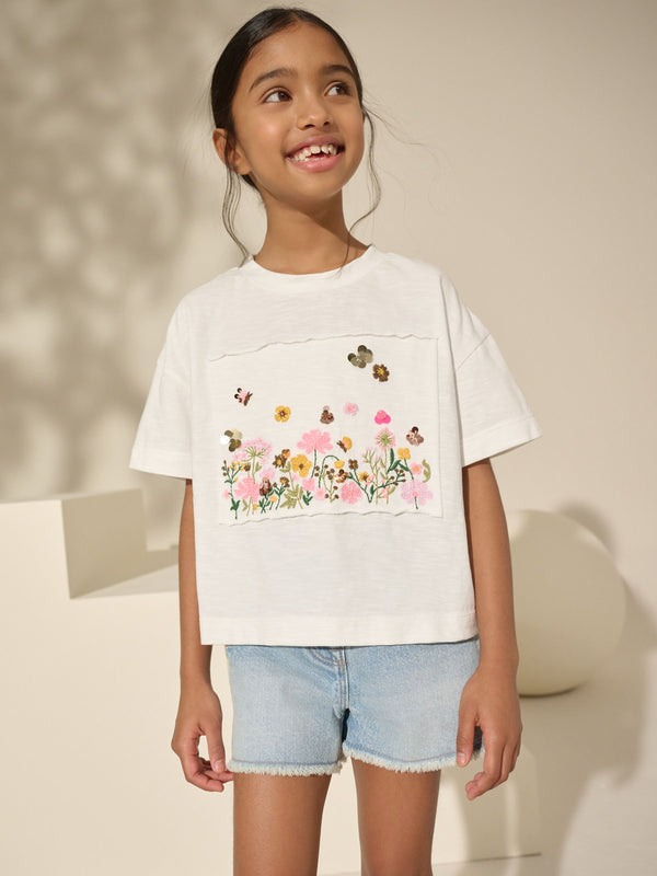 White 100% Cotton Sequin Embroidered Floral Print T-Shirt (3-16yrs)