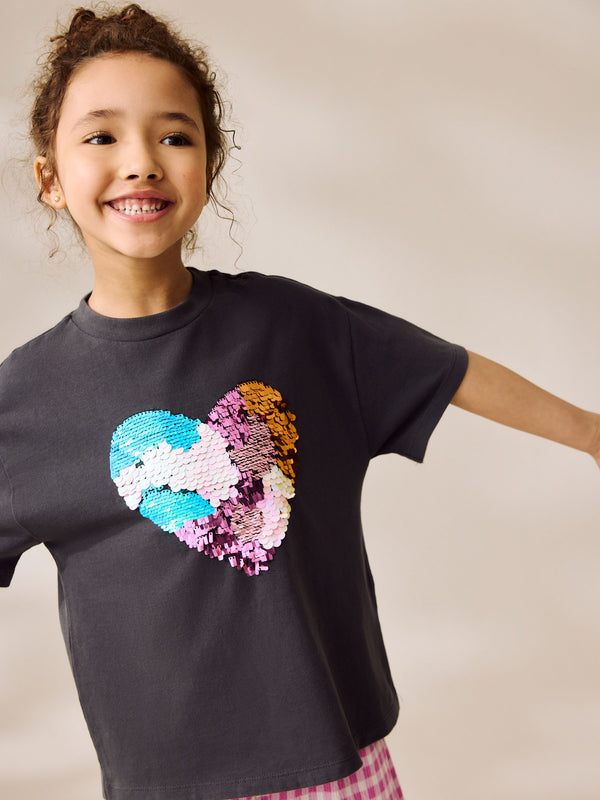 Charcoal Grey Sequin Heart Print T-Shirt (3-16yrs)