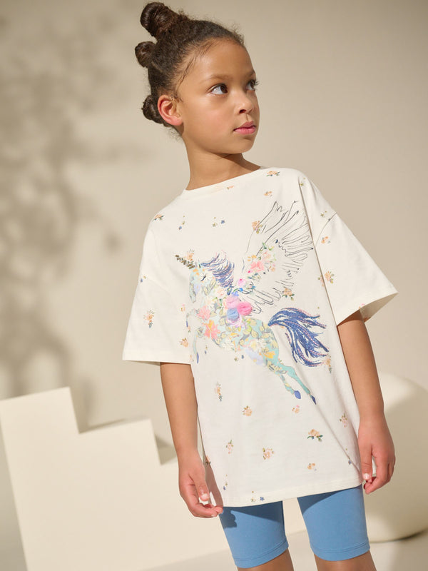 Blue/Ecru Floral Unicorn Oversized T-Shirt Cycle Top and Shorts Set (3-16yrs)