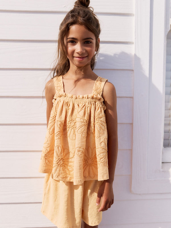 Yellow Floral Embroidered Vest & Shorts Set (3-16yrs)