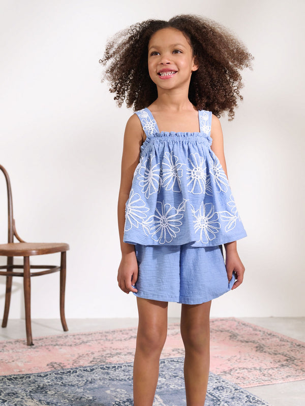 Blue Floral Embroidered Vest & Shorts Set (3-16yrs)