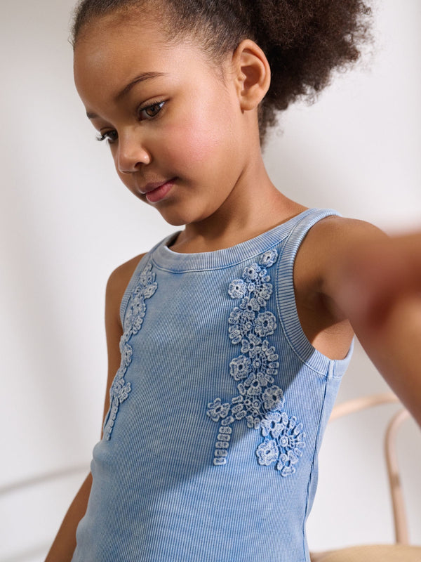 Blue Floral Crochet Rib Vest (3-16yrs)