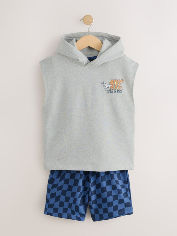 Blue Sleeveless Hoodie And Short Graphic Set (3-16yrs)
