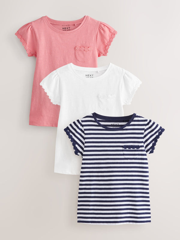 Blue/Pink/White Daisy Trim T-Shirts 3 Pack (1.5-16yrs)