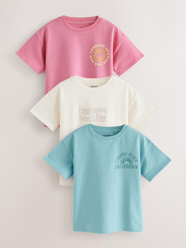 Pink/Blue/White Beach Slogan Oversized T-Shirts 3 Pack (3-16yrs)